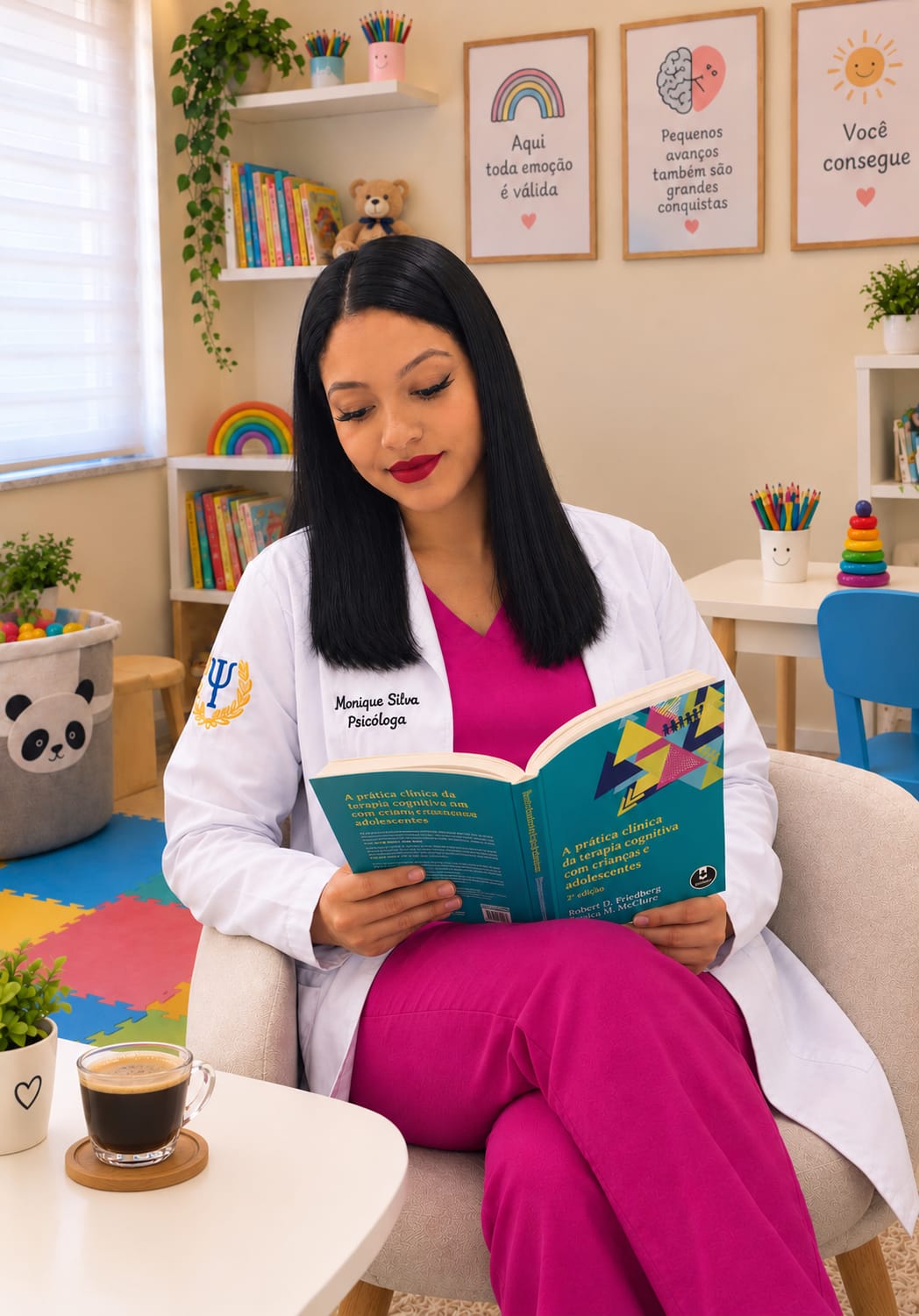 Monique Silva lendo em espaço infantil