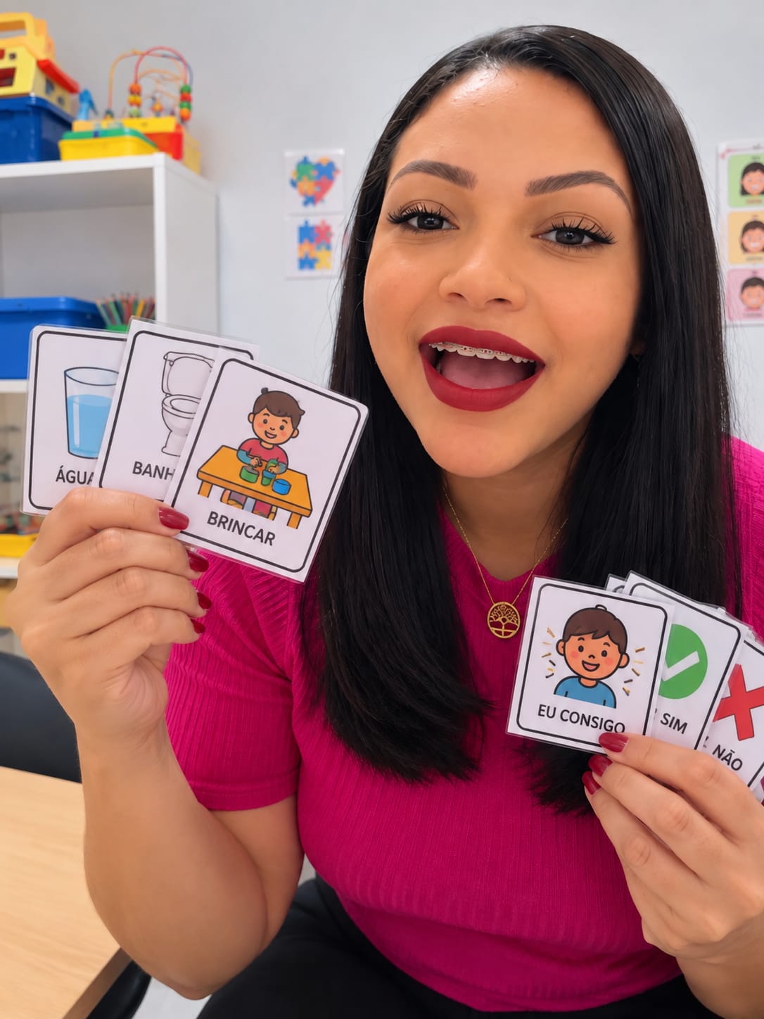 Psicóloga Monique Silva apresentando cartões visuais com atividades e respostas